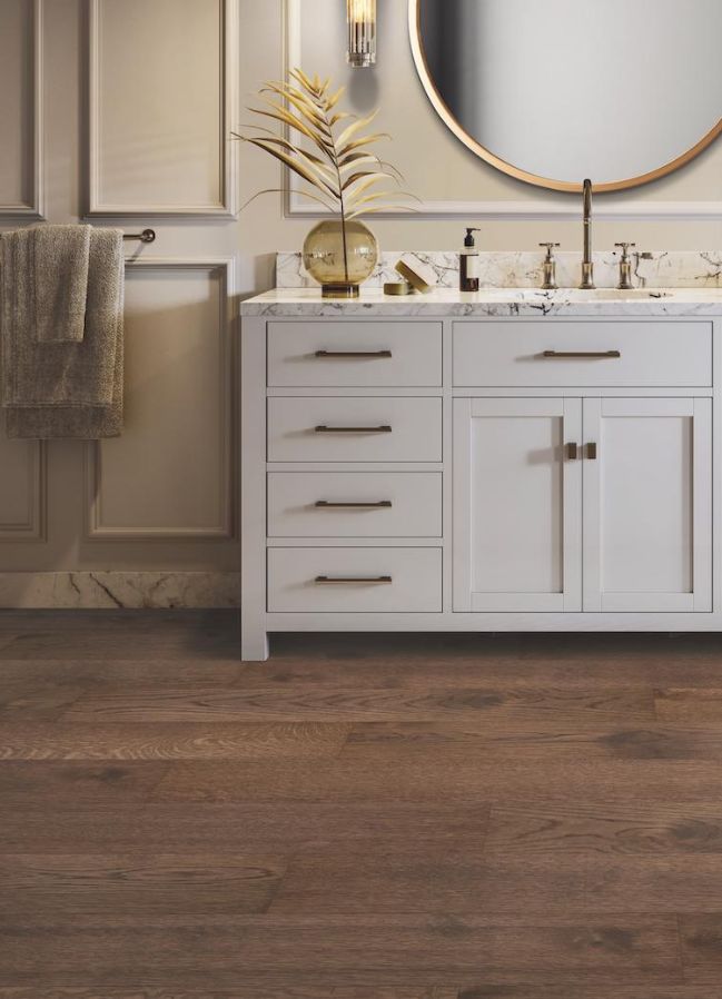 bathroom vanity with engineered wood floors